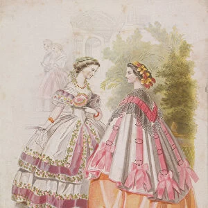 Two women wearing the latest fashions, 1859