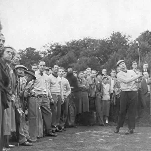 Peter Aliss (centre), who would become a brilliant commentator, admires his shot as the crowd watches 1953