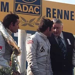 1973 Nurburgring 1000kms Nurburgring, Germany. 27th May 1973 Race podium, Brian Redman, Ferrari 312PB, 1st position, Carlos Pace, 2nd and Jackie Ickx, 3rd. World Copyright: LAT Photographic ref: 35mm Image