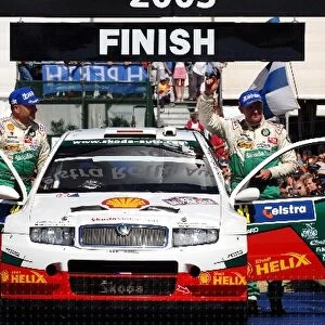 FIA World Rally Championship: Armin Schwarz Skoda Fabia WRC at the end of his WRC driving career, over the podium for the final time