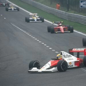 Spa-Francorchamps, Belgium: Ayrton Senna leads teammate Gerhard Berger, Alain Prost, Thierry Boutsen, Riccardo Patrese and Alessandro Nannini