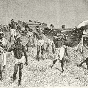 African Porters Carrying Henry Morton Stanleys Dismantled Boat Lady Alice On His Expedition To Explore Lake Victoria. From Afrika, Dets Opdagelse, Erobring Og Kolonisation, Published In Copenhagen, 1901