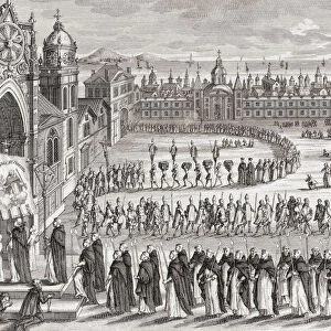 An auto-da-fe, or act of faith, procession of the Portuguese Inquisition at Goa, India. After an 18th century work by Bernard Picart
