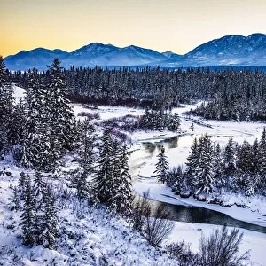 Beautiful winter landscape of the Columbia River valley from a viewpoint; Fairmont Hot Springs, British Columbia, Canada