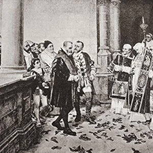 Charles V arrives at the monastery of Yuste, Caceres, Extremadura, Spain, 1556. Charles V, 1500 - 1558. Holy Roman Emperor, ruler of the Habsburg Empire, King of Spain and ruler of the Spanish Empire as Charles I, Archduke of Austria as Charles I, and ruler of the Habsburg Netherlands as Duke of Burgundy. From Ilustracion Artistica, published 1887