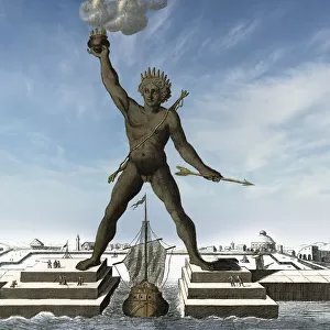 The Colossus of Rhodes. The statue of Helios, the Greek sun-god, was erected by Chares of Lindos in 280 BC. It was 33 meters or 108 feet high and collapsed during an earthquake in 226 BC. It was one of the Seven Wonders of the Ancient World. After a 19th century illustration by an unknown artist. Digital sky added; Illustration
