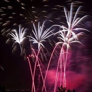 Colourful Fireworks At Nighttime; Calgary, Alberta, Canada
