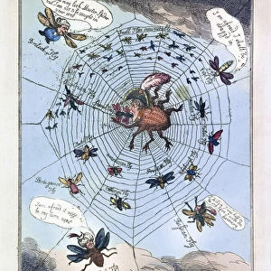 The Corsican Spider in His Web. Political cartoon dated July 12, 1808, showing Napoleon as a spider devouring European countries trapped in his web. From an etching by Thomas Rowlandson after a work by George Moutard Woodward