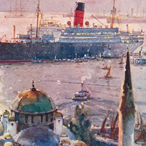 A Cunard liner lying off Constantinople, present day Istanbul, Turkey, 1920 s. From The Book of Ships, published c. 1920