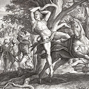 The death of Absalom during the Battle of Ephraims Wood. Absaloms hair was caught in a tree branch, he was thrown from his horse and subsequently killed by Joab. Learning of his death, his father, David, King of Israel, made his famous lament, O Absalom, my son, my son! After an engraving by German engraver Moritz Ferdinand Geringswald from a painting by German artist Julius Schnoor von Carolsfeld