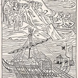 Discovery Of Santo Domingo, Insula Hyspana, By Christopher Columbus. After A Sketch Which Is Attributed To Him, And In Which He Is Himself Made To Appear. Facsimile Of A Wood Engraving Of The Epistola Christoferi Colom. From Science And Literature In The Middle Ages By Paul Lacroix Published London 1878