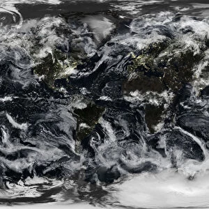 Whole Earth At Night With Cloud Coverage, True Colour Satellite Image. True colour satellite image of the whole Earth at night with cloud coverage. This image in Miller projection was compiled from data acquired by LANDSAT 5 & 7 satellites