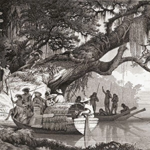 Encounter with Karipuna or Caripuna Indians in the southern Amazon, Brazil in the mid-1800 s. From a mid-19th century engraving by Adolf Closs, after a work by Franz Keller-Leuzinger