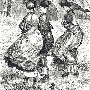 Engraving depicting young women huddling under umbrellas during a rain storm, 19th century