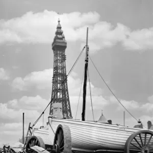 Fishing and holiday boarts in front of Blackpool Tower around 1940