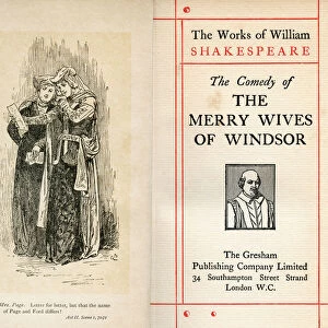 Frontispiece and title page from the Shakespeare play The Merry Wives of Windsor. Act II. Scene 1. Mrs Page, "Letter for letter, but that the name of Page and Ford differs". From The Works of William Shakespeare, published c. 1900