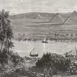 The Great Pyramids Of Giza, Egypt From The East Bank Of The Nile In The 19Th Century. From The Land Of The Pharaohs, Egypt And Sinai Published C. 1880