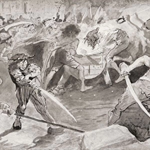 Grindstone. What With The Stream Of Sparks Out Of The Stone, All Their Wicked Atmosphere Seemed Gore And Fire. No Creature In The Group Was Free From The Smear Of Blood. Hatchets, Knives, Bayonets, Swords, All Brought To Be Sharpened, Were All Red With It. Illustration By Harry Furniss For The Charles Dickens Novel A Tale Of Two Cities From The Testimonial Edition, Published 1910
