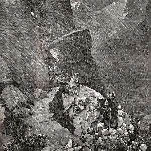 Hannibal leading his Carthaginian army over the Alps and into Italy, 218 BC during the Second Punic War. From Cassells Illustrated Universal History, published 1883