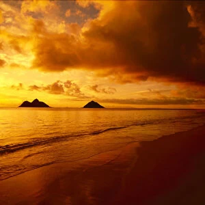 Hawaii, Oahu, Lanikai Beach, Orange Sunrise Over Tranquil Ocean, Mokulua Islands