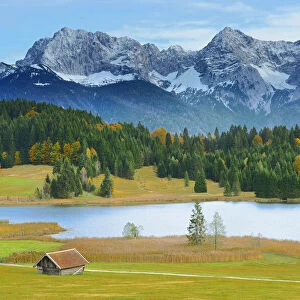 Hay Barn, Lake Geroldsee and Karwendel Mountain Range in Autumn, Werdenfelser Land, Upper Bavaria, Bavaria, Germany