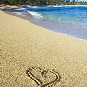 A Heart Shape Drawn In The Sand On Tunnels Beach; Kauai, Hawaii, United States Of America