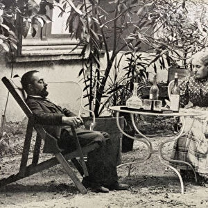 Henri Toulouse-Lautrec in the garden at the Chateau de Malrome with his mother, Countess Adele de Toulouse-Lautrec, in the early 1890 s. The chateau, which was owned by the Countess, is in Saint-Andre-du-Bois, a commune in the Gironde department in Nouvelle-Aquitaine, Henri was a frequent visitor and it was there that he died in 1901. Henri Toulouse-Lautrec, 1864 - 1901, French Post-Impressionist artist