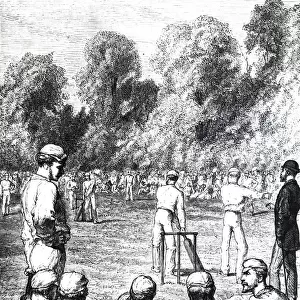 Illustration depicting men playing cricket, 19th century