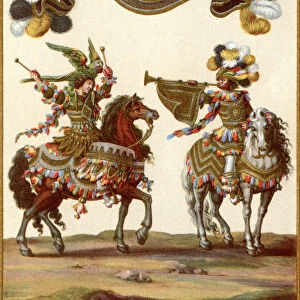 Indian drummer and trumpet player. Part of the Grand Carousel given by Louis XIV in front of the Tuileries, Paris, France, 5th June 1662, to celebrate the birth of the Dauphin. From L Illustration, published 1936