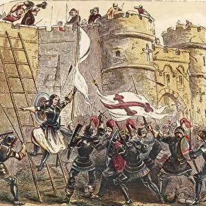 Joan Of Arc Leads French Army Against English Defenders Of Les Tourelles Gate In Siege Of Orleans May 7, 1429. From 19Th Century Chromolithograph