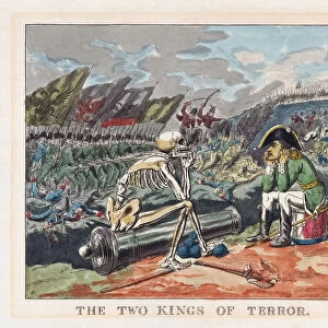The Two Kings of Terror. Death and Napoleon sit staring at each other in the debris of a battlefield. Political cartoon dated 1814. After a work by Thomas Rowlandson