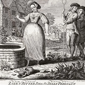 Loves Bitter Potion Or Dolly Pregnant. After Discovering She Is Pregnant Dolly Stares Into The Well, Contemplating Suicide. The Broken Pitcher Beside The Well Perhaps Symbolizes Her Lost Virginity. The Gossiping Farm Boys Spread Details Of Her Shame. After An 18th Century Work By Boitard. From Illustrierte Sittengeschichte Vom Mittelalter Bis Zur Gegenwart By Eduard Fuchs, Published 1909