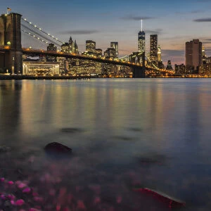 Lower Manhattan At Twilight With The Brooklyn Bridge, Brooklyn Bridge Park; Brooklyn, New York, United States Of America