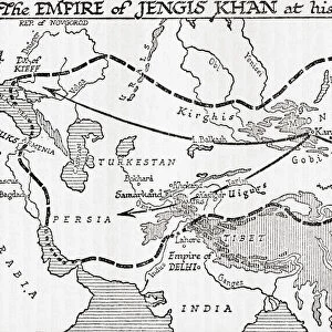 Map showing the Empire of Jengis Khan, or Genghis Khan, at his death, 1227. From A Short History of the World, published c. 1936