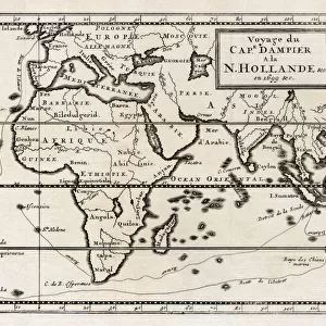 Map showing the route taken by William Dampier on his expedition which reached the shores of New Holland, now Western Australia, in 1699. From a contemporary map. William Dampier, English explorer, 1651 - 1715; Illustration