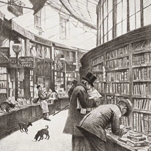 The Moens bookshop in Galeria Bortier, Brussels, Belgium. Customers browsing books. After a work dated 1919 by Franz Gailliard