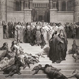 Moses before Pharaoh. From a 19th century engraving by Herbert Bourne, after a work by Gustave Dore