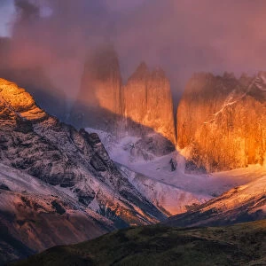 Mountains in Torres del Paine National Park in Southern Chile at sunrise