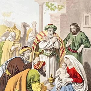 Nativity Scene. The Three Wise Men With The Holy Family. One Presents A Gift To The Infant Jesus. From The Holy Bible Published By William Collins, Sons, & Company In 1869. Chromolithograph By J. M. Kronheim & Co