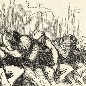 A Night Shelter For The Poor And Homeless, Provided By The Salvation Army In The 19th Century, Aka "two Penny Hangover". The Client Was Charged Two Pennies And Was Allowed To Sleep By Leaning On Or Hanging Over A Rope Placed In Front Of A Bench, But Not Allowed To Lie Down Flat On His Back. The Rope Was Cut At Daybreak In Order To Encourage The Clients To Wake Up Early And Leave. From Illustrierte Sittengeschichte Vom Mittelalter Bis Zur Gegenwart By Eduard Fuchs, Published 1909