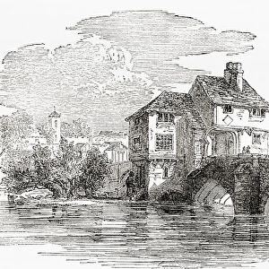 Old Bedford Jail, built on the Town Bridge across the River Ouse, Bedford, England, seen here in the 19th century. John Bunyan, the Baptist preacher and author of The Pilgrims Progress, was imprisoned here when preaching was prohibited by King Charles II, who ordered that all preachers who did not belong to the Church of England (Episcopal) should be imprisoned or banished. From Picturesque England, Its Landmarks and Historic Haunts, published 1891