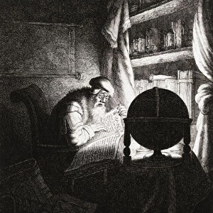 Old man in his study reading with the aid of spectacles. After a work dating from the early 17th century by Jan Gillisz van Vliet