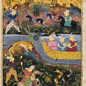 Painting From 17Th Century Persian Manuscript Men On Horseback Hunting Tiger And Deer Men And Woman In Boat On River Or Lake Man Fishing From Boat