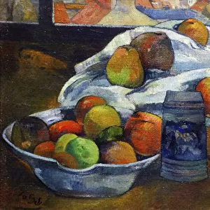 Painting titled Bowl of Fruit and Tankard before a Window by Paul Gauguin