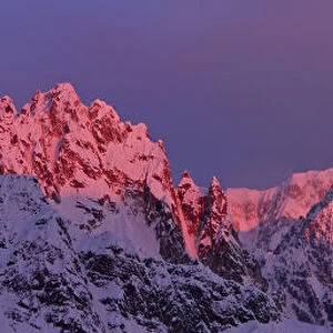 Pink Clouds Over Mt. Mckinley, Pink Alpenglow On The Rooster Comb And Alaska Range Peaks, At Sunrise In Winter, Photo Taken From Ruth Glacier, Denali National Park & Preserve;Alaska, United States Of America