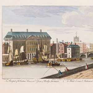 A Prospect of the Custom House and Essex Bridge, Dublin. After an engraving dated 1753 by Remigius Parr after a work by Joseph Tudor. Later colourization