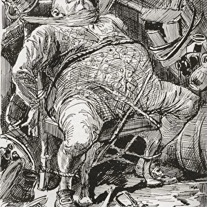 After The Raid On The Maypole Bar. "john Willet, Left Alone In His Dismantled Bar, Continued To Sit Staring About Him;Awake As To His Eyes, Certainly, But With All His Powers Of Reason And Reflection In A Sound And Dreamless Sleep. "Illustration By Harry Furniss For The Charles Dickens Novel Barnaby Rudge, From The Testimonial Edition, Published 1910