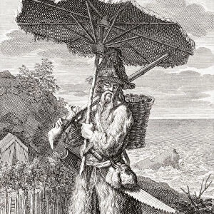 Robinson Crusoe, eponymous hero of English author Daniel Defoes 1719 novel. Daniel Defoe, 1660-1731, was born Daniel Foe. After an 18th century work by Bernard Picart