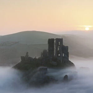Ruins of Corfe Castle at Dawn, Dorset, England