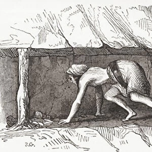 Scene Inside An English Coal Mine, Early 19th Century. A Hurrier Transporting Coal In A Corf. From Le Magasin Pittoresque, Published 1843